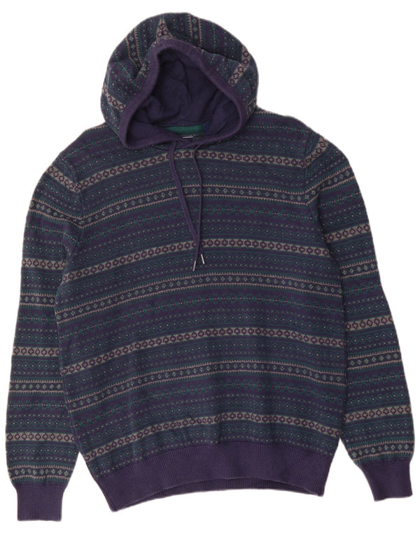 Izod Mens Hooded Jumper Sweater Large Purple Fair Isle Cotton