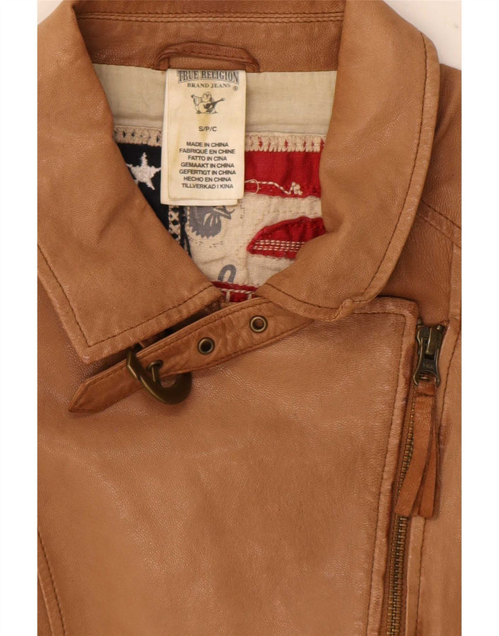 True Religion Womens Leather Biker Jacket UK 10 Small Beige Colourblock
