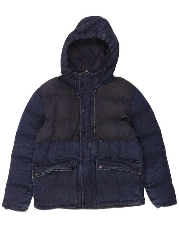 Zara Mens Hooded Padded Jacket UK 42 XL Navy Blue Cotton