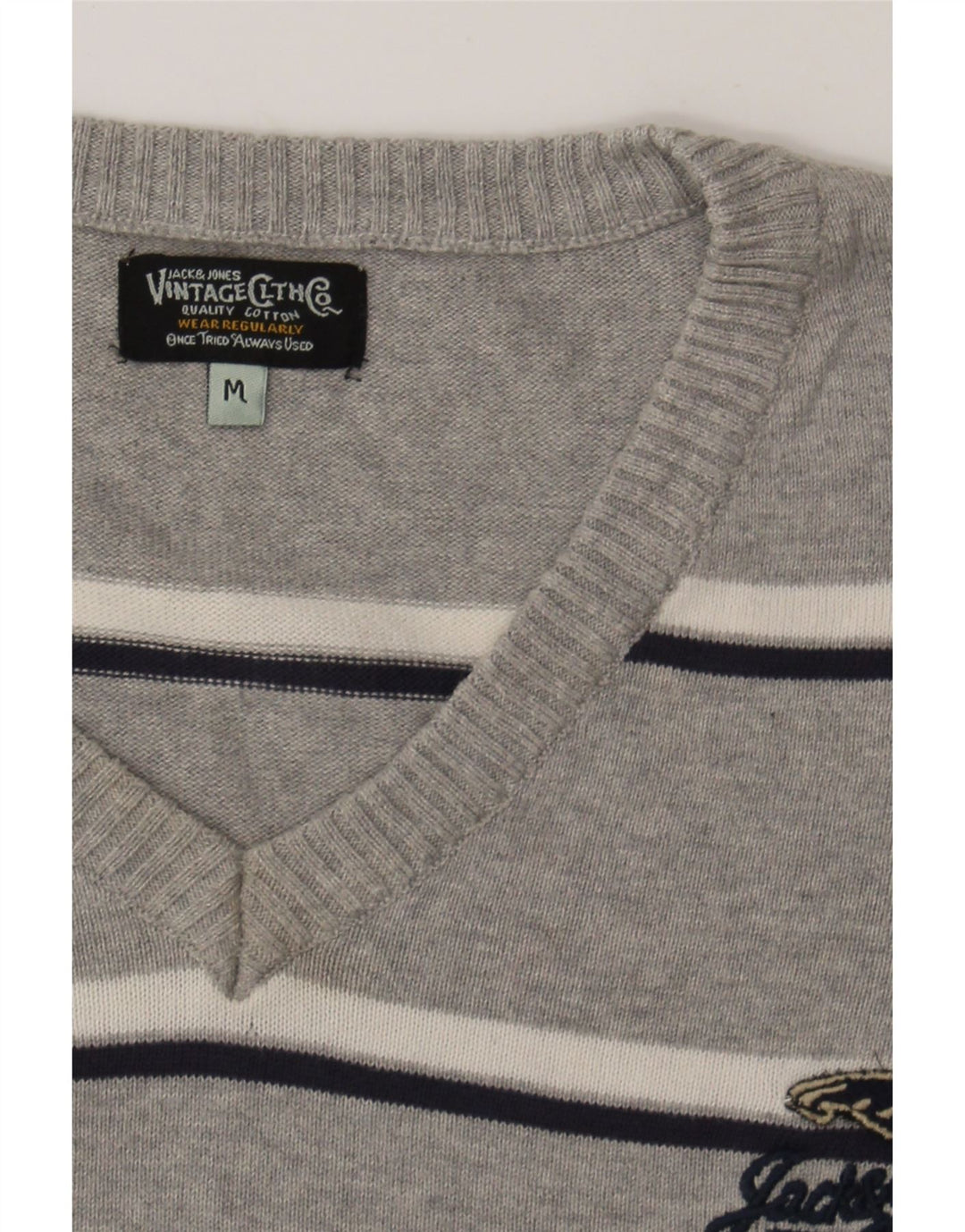 JACK & JONES Mens V-Neck Jumper Sweater Medium Grey Striped Cotton Vintage Jack & Jones and Second-Hand Jack & Jones from Messina Hembry 