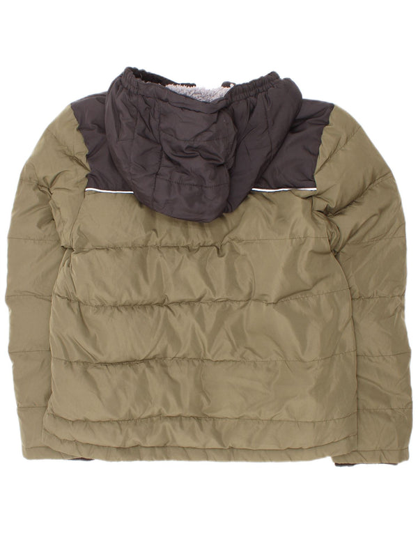 Eddie Bauer Boys Hooded Padded Jacket 7-8 Years Small Khaki Colourblock