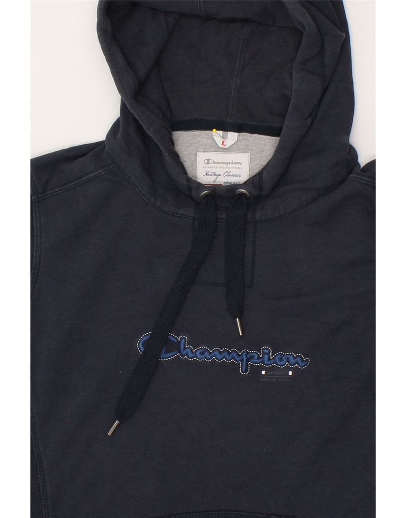 CHAMPION Womens Graphic Hoodie Jumper UK 14 Large Navy Blue Cotton | Vintage Champion | Thrift | Second-Hand Champion | Used Clothing | Messina Hembry 