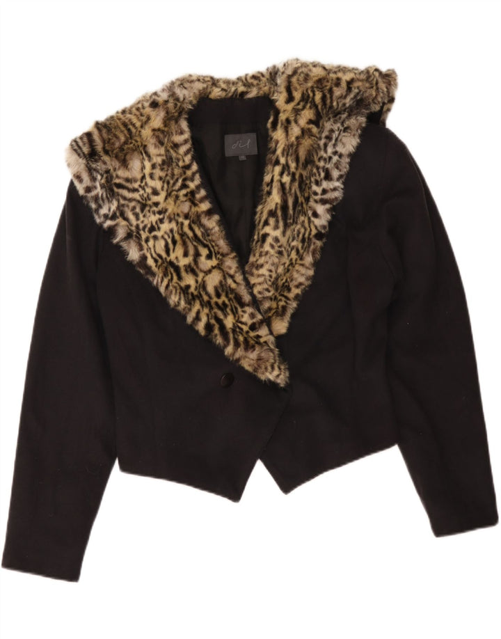 Vintage Womens Crop Blazer Jacket UK 14 Medium Black Animal Print