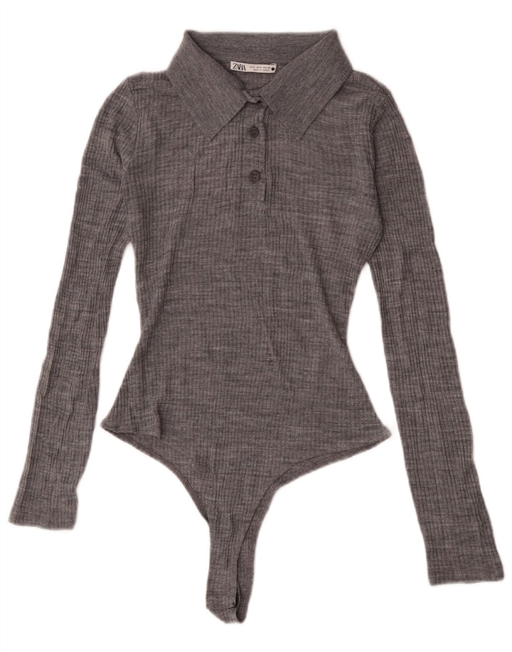 Zara Womens Long Sleeve Bodysuit UK 8 Small Grey