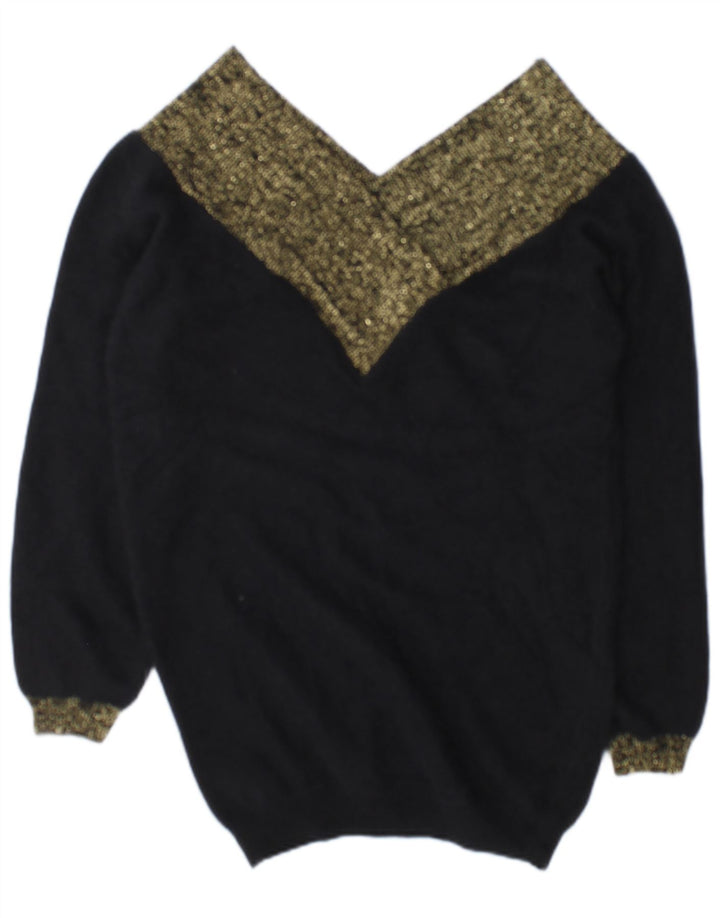 Vintage Womens V-Neck Jumper Sweater EU 38/40 Medium Black Colourblock