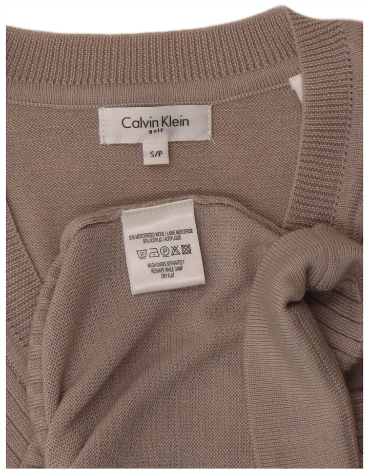 CALVIN KLEIN Womens Golf V-Neck Jumper Sweater UK 10 Small Beige Wool