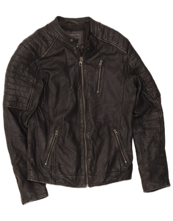 Jack & Jones Mens Leather Racer Jacket UK 36 Small Black