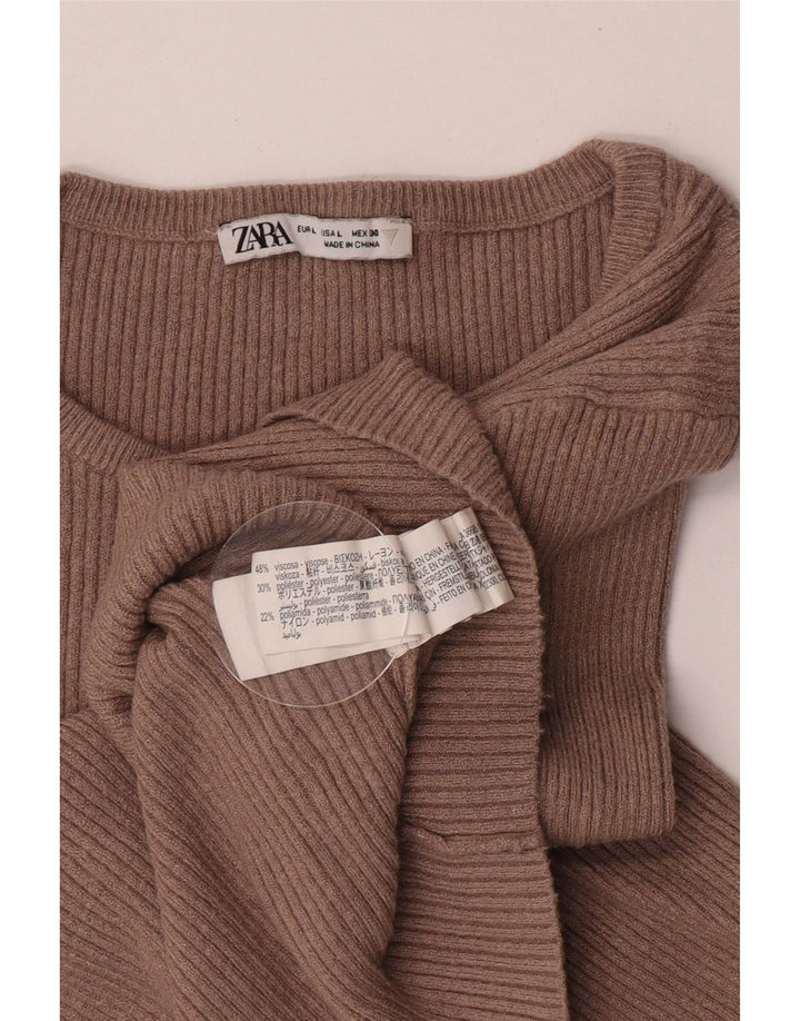 ZARA Womens Crop Top Long Sleeve UK 14 Large Brown Viscose