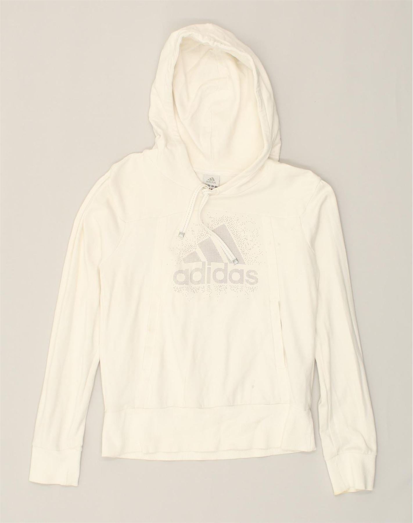 Felpa con cappuccio da donna ADIDAS UK 16 grande cotone bianco Abbigliamento vintage e di seconda mano online Messina Hembry