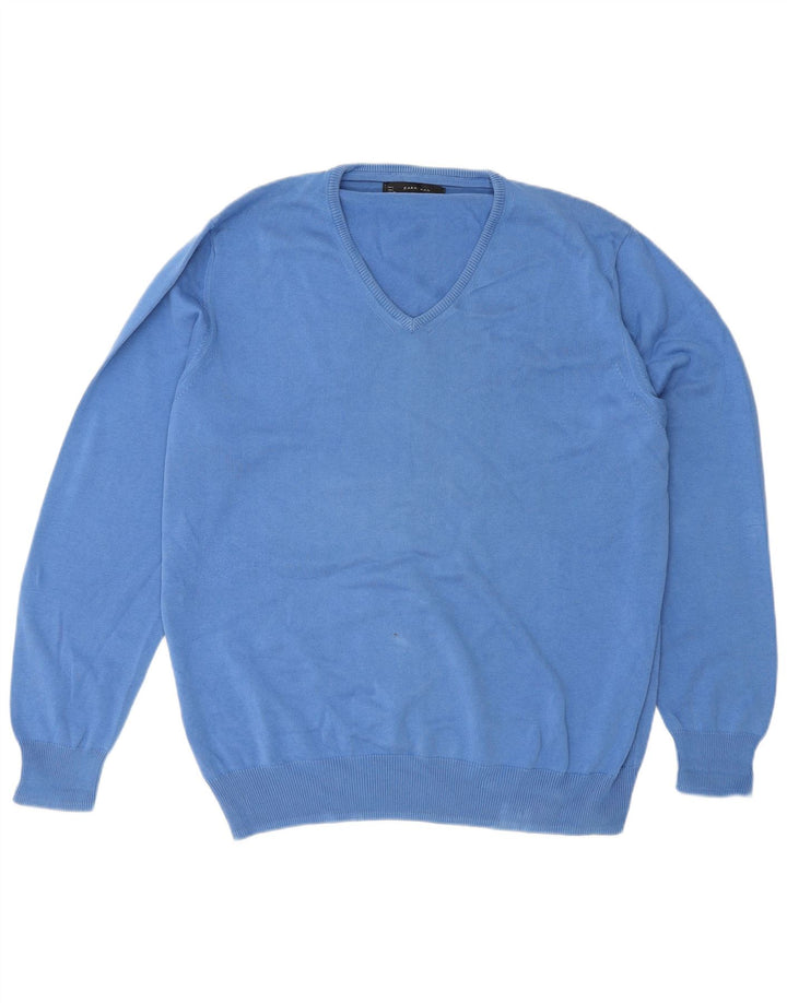 Zara Mens V-Neck Jumper Sweater Large Blue
