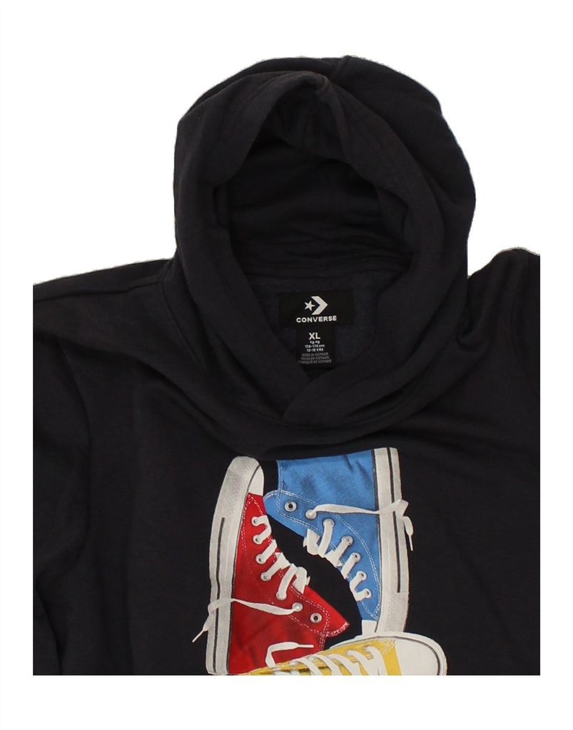 CONVERSE Boys Graphic Hoodie Jumper 13-14 Years XL Navy Blue Cotton | Vintage Converse | Thrift | Second-Hand Converse | Used Clothing | Messina Hembry 