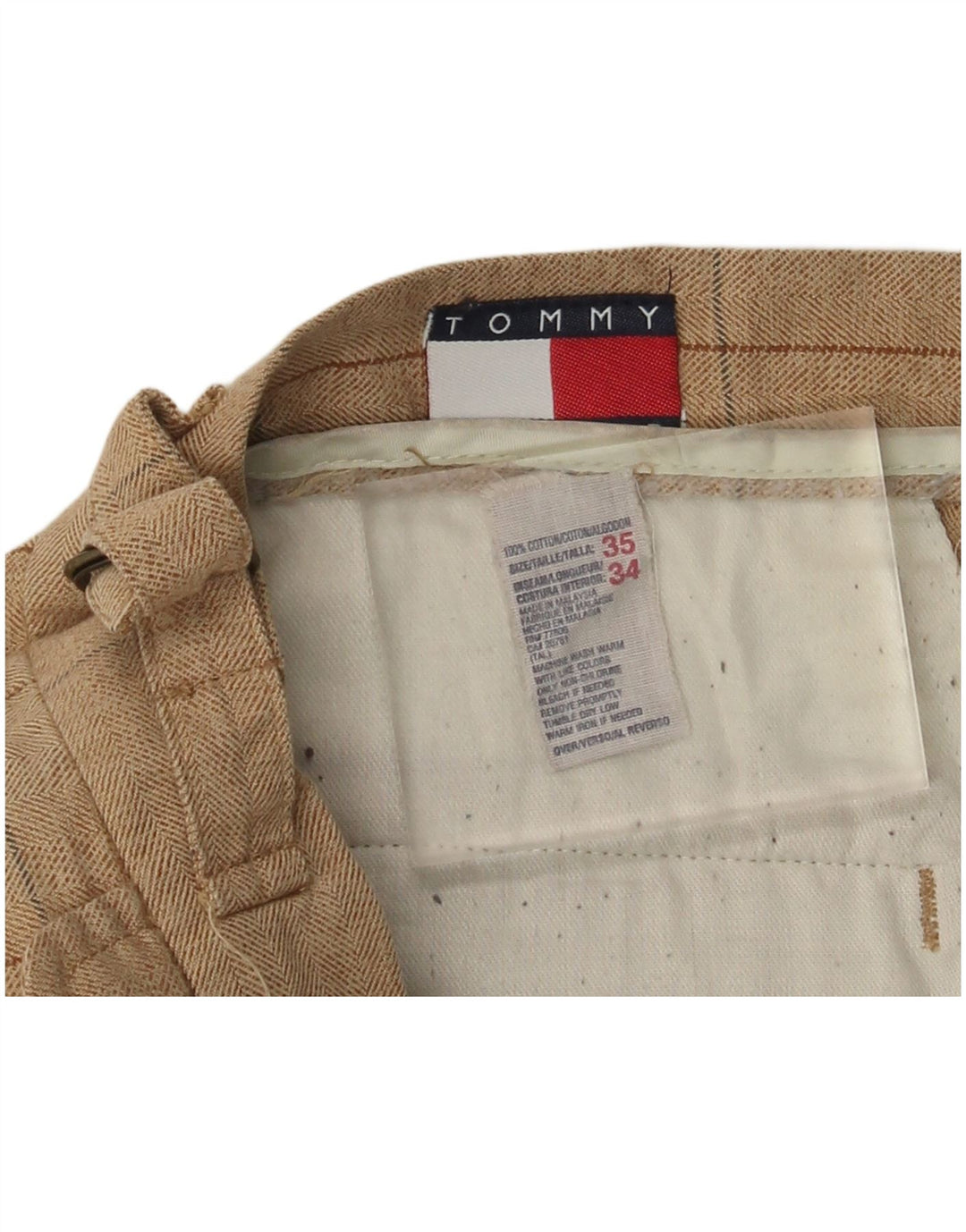 TOMMY HILFIGER Mens Pegged Suit Trousers W35 L31 Beige Check Cotton