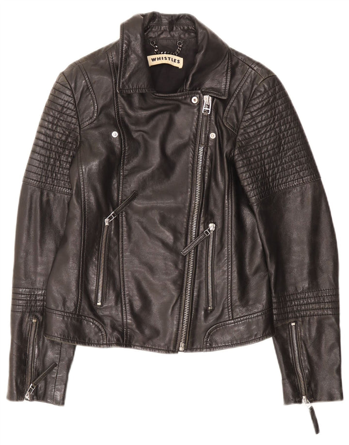 WHISTLES Womens Leather Biker Jacket UK 8 Small  Black Leather