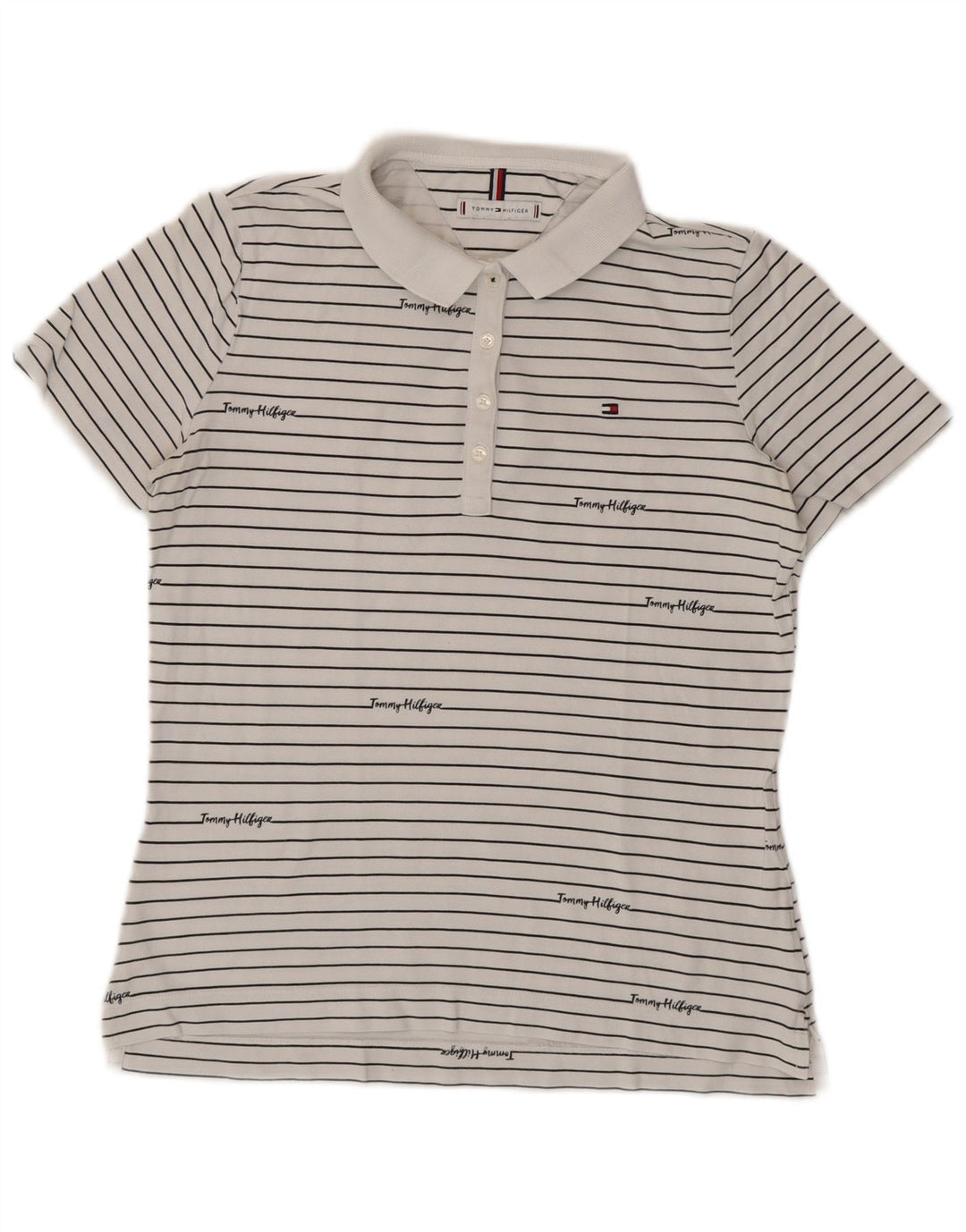 TOMMY HILFIGER Womens Graphic Polo Shirt UK 14 Medium White Striped