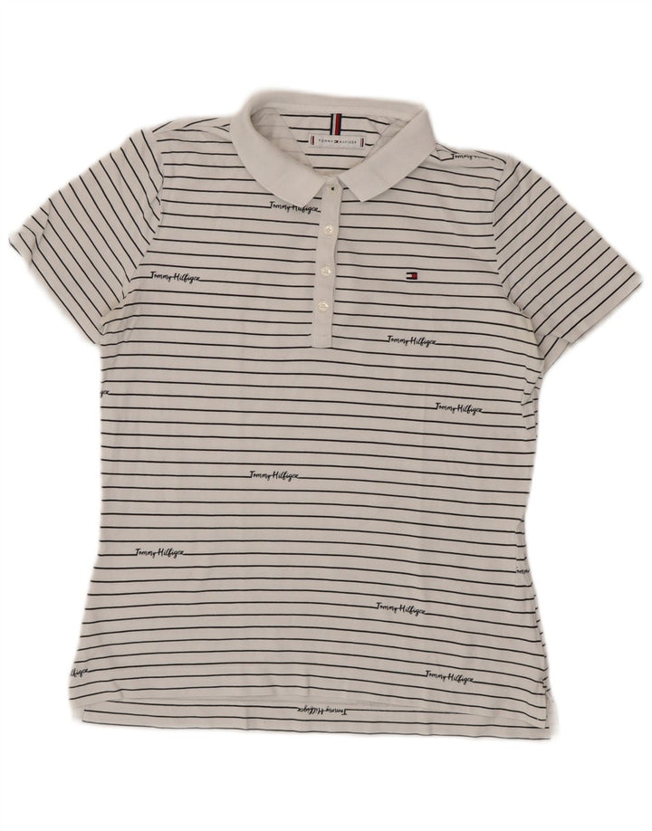 TOMMY HILFIGER Womens Graphic Polo Shirt UK 14 Medium White Striped