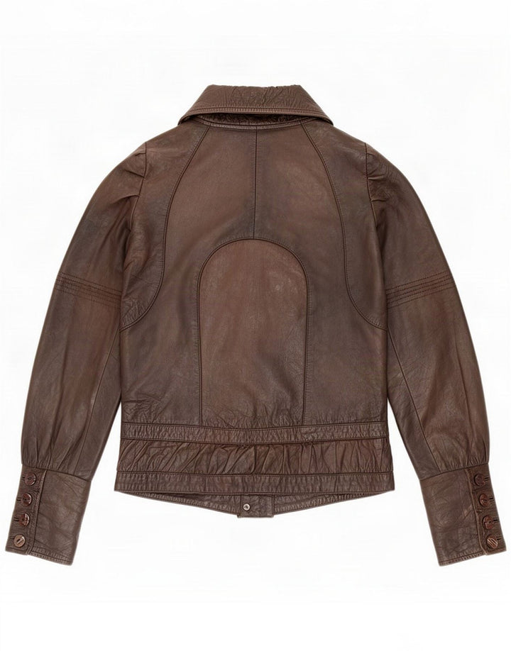Numph Womens Leather Jacket UK 8 Small Brown Classic