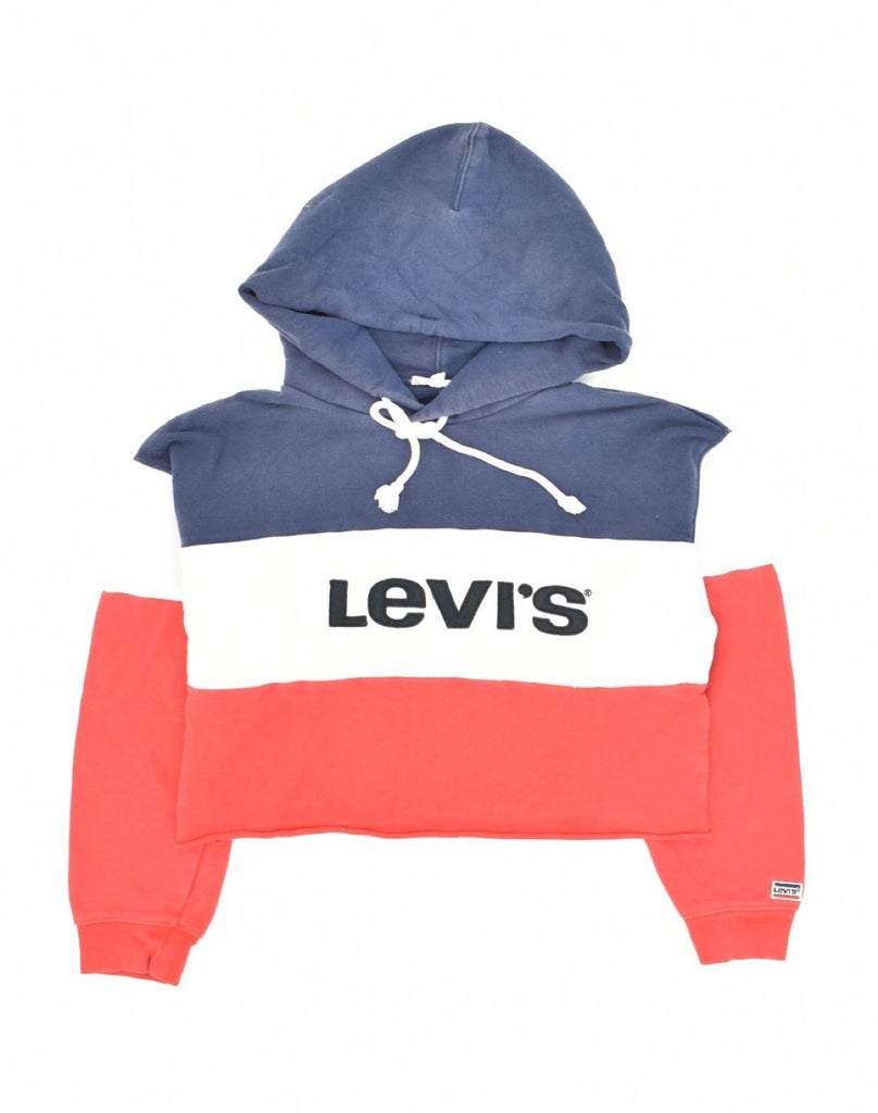 LEVI'S Womens Oversized Crop Hoodie Jumper UK 6 XS Navy Blue Colourblock | Vintage Levi's | Thrift | Second-Hand Levi's | Used Clothing | Messina Hembry 