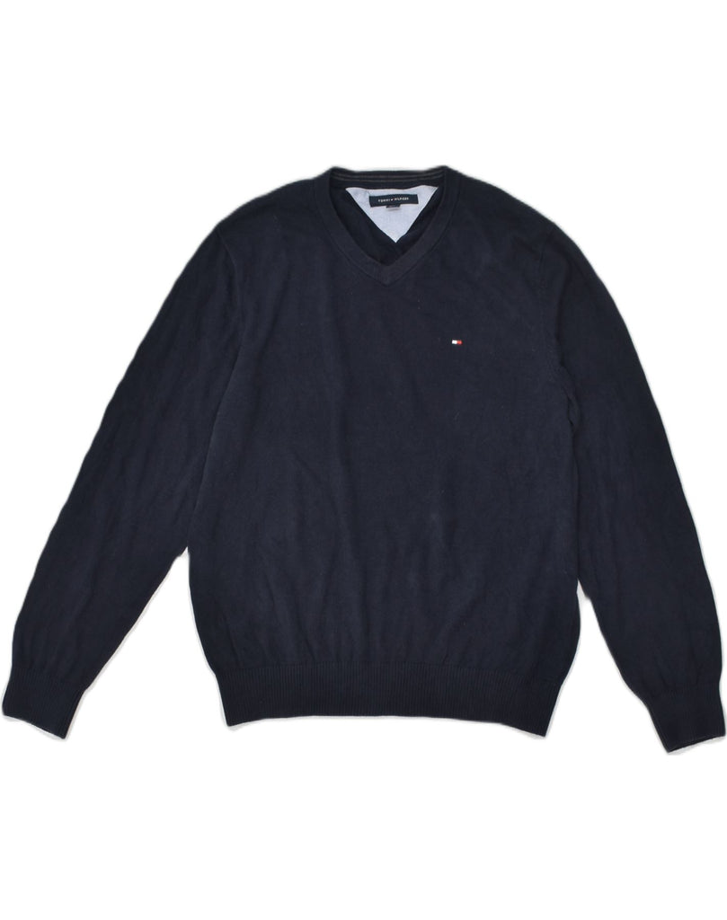 TOMMY HILFIGER Mens V-Neck Jumper Sweater Medium Navy Blue Cotton | Vintage Tommy Hilfiger | Thrift | Second-Hand Tommy Hilfiger | Used Clothing | Messina Hembry 