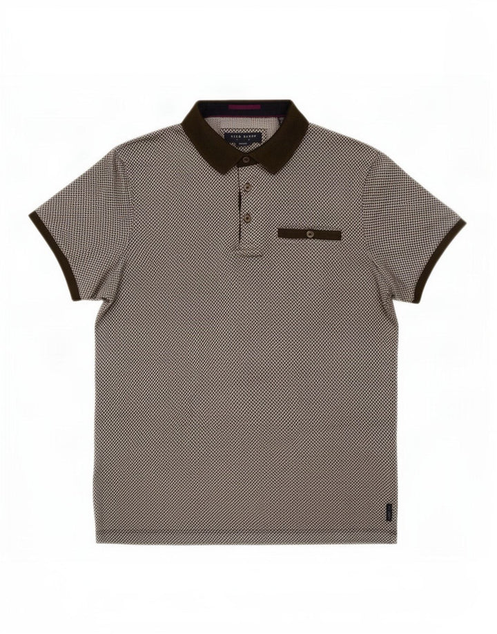 Ted Baker Mens Polo Shirt Size 3 Medium Khaki Geometric Cotton