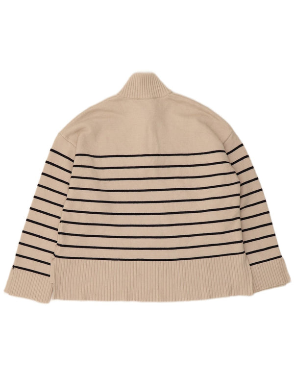 Zara Womens Oversized Zip Neck Jumper Sweater UK 10 Small Beige Striped