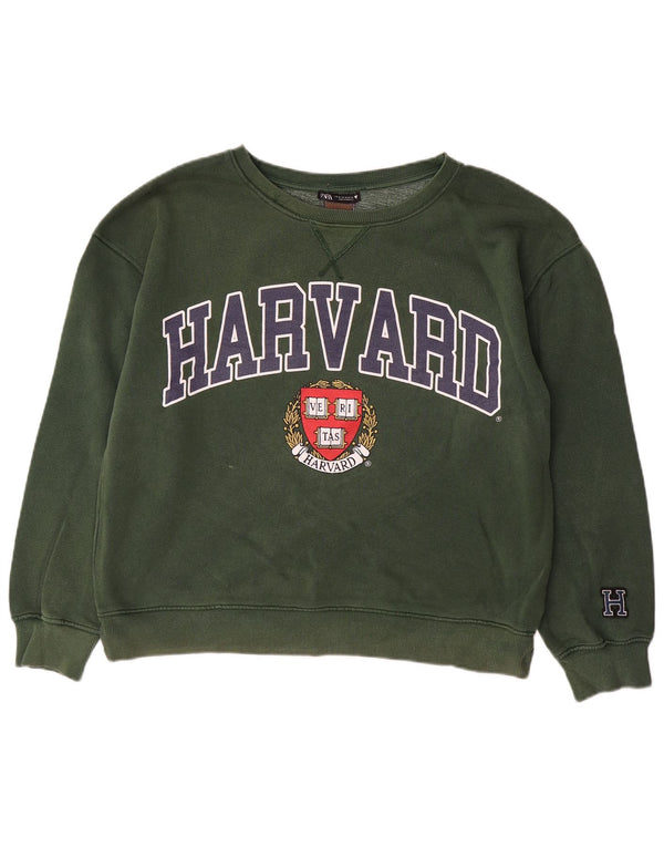 ZARA Womens Harvard Oversized Graphic Sweatshirt Jumper UK 14 Medium Green