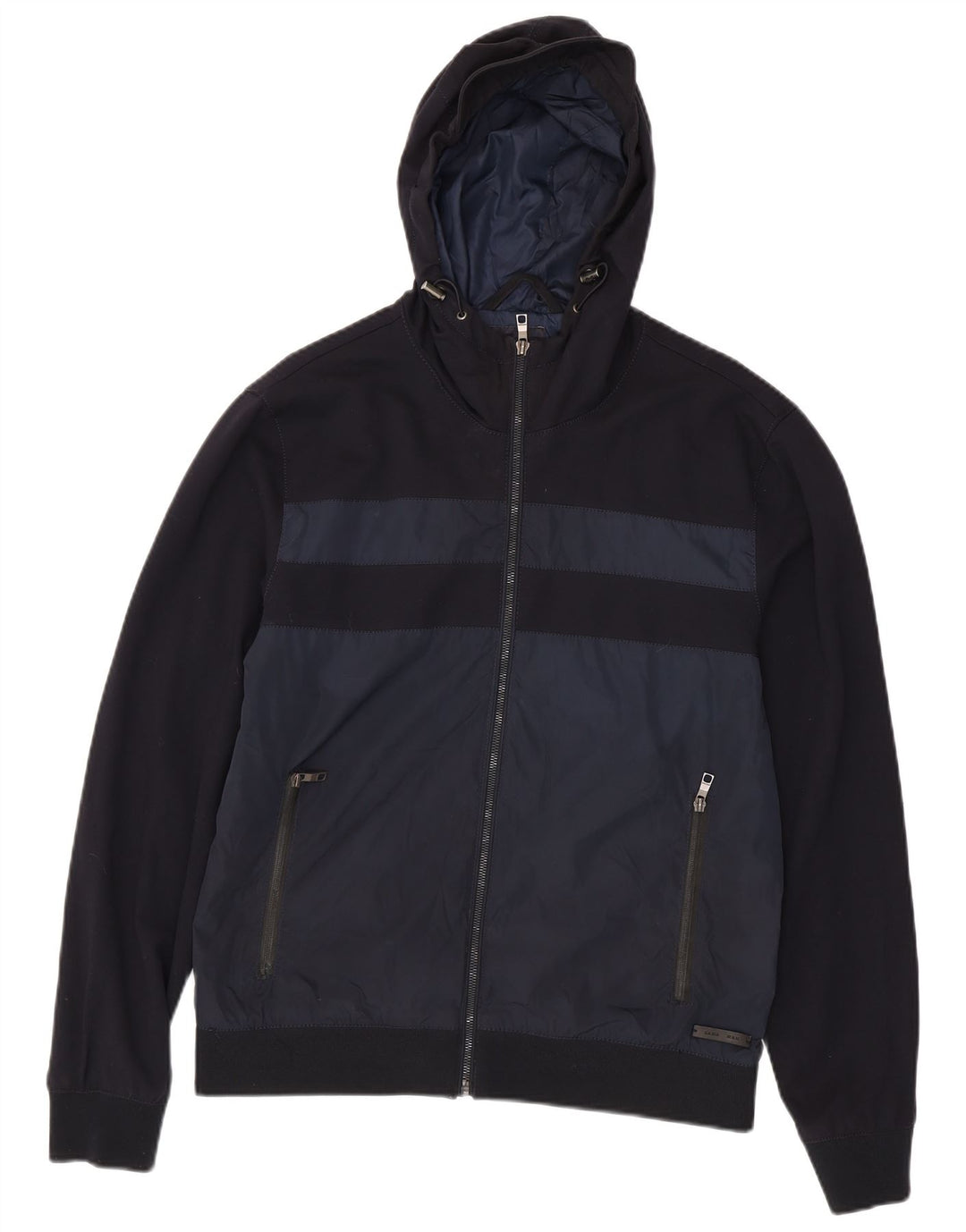 Zara Mens Hooded Bomber Jacket UK 42 XL Navy Blue Colourblock Polyester