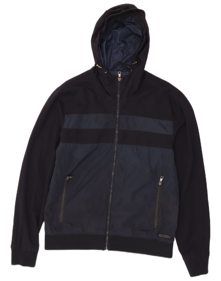 Zara Mens Hooded Bomber Jacket UK 42 XL Navy Blue Colourblock Polyester