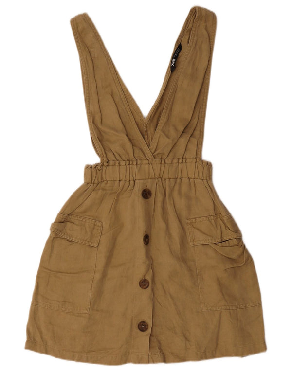 Zara Womens Dungarees Cargo Skirt UK 4 XS Beige Lyocell