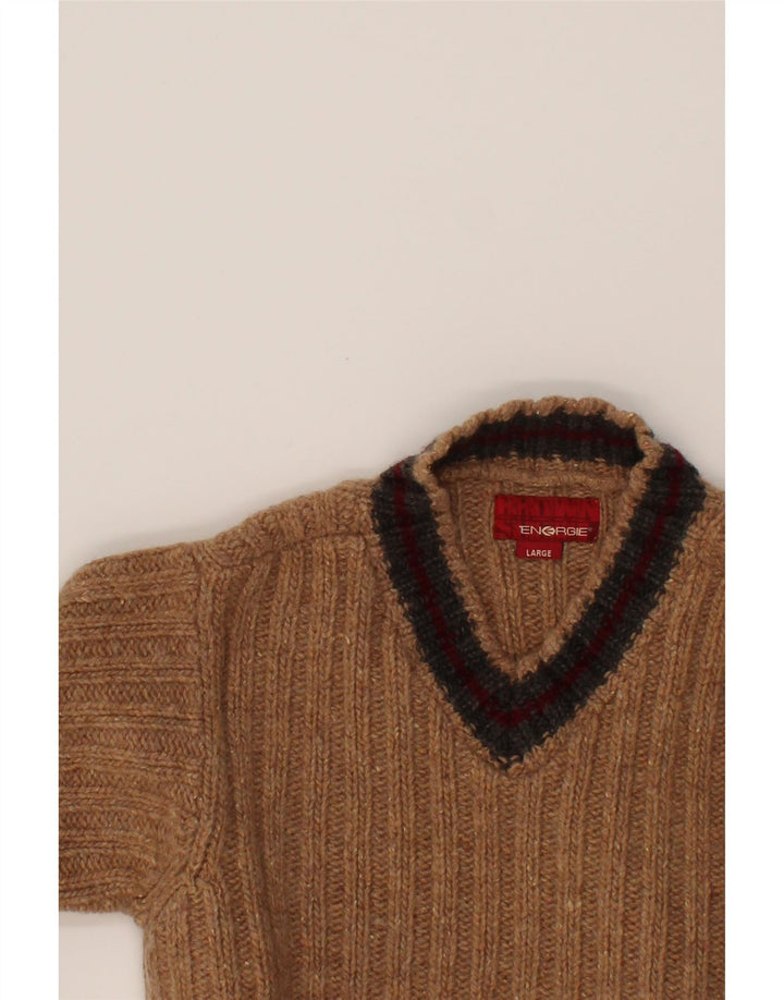 ENERGIE Womens V-Neck Jumper Sweater UK 14 Large Brown Wool Vintage Energie and Second-Hand Energie from Messina Hembry 