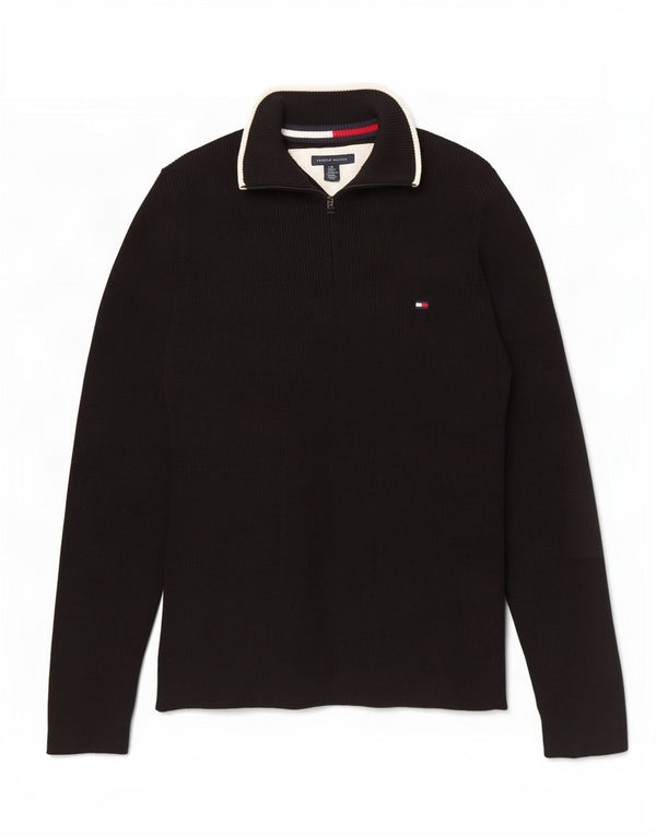 Tommy Hilfiger Womens Zip Neck Jumper Sweater UK 14 Large Black Cotton
