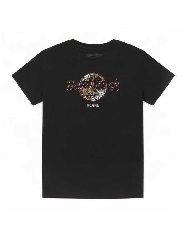 Hard Rock Cafe Womens Rome Graphic T-Shirt Top UK 12 Medium Black Cotton