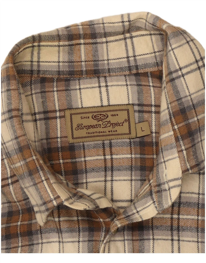 European Project Mens Flannel Shirt Large Beige Check Cotton