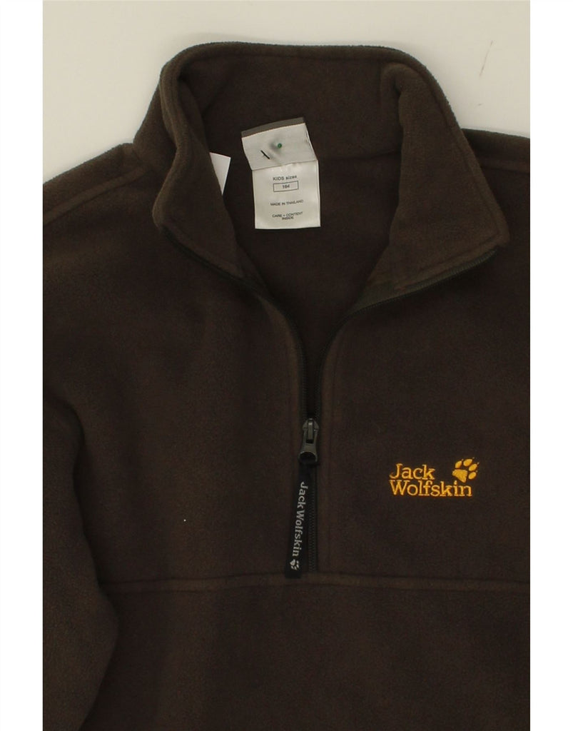 JACK WOLFSKIN Boys Graphic Zip Neck Fleece Jumper 13-14 Years Brown Vintage Jack Wolfskin and Second-Hand Jack Wolfskin from Messina Hembry 