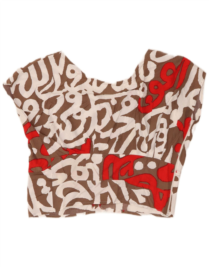 Vintage Womens Crop Blouse Top UK 16 Large Brown Geometric