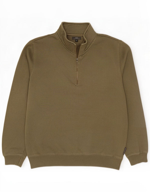 French Connection Mens Zip Neck Sweatshirt Jumper Large Green Cotton