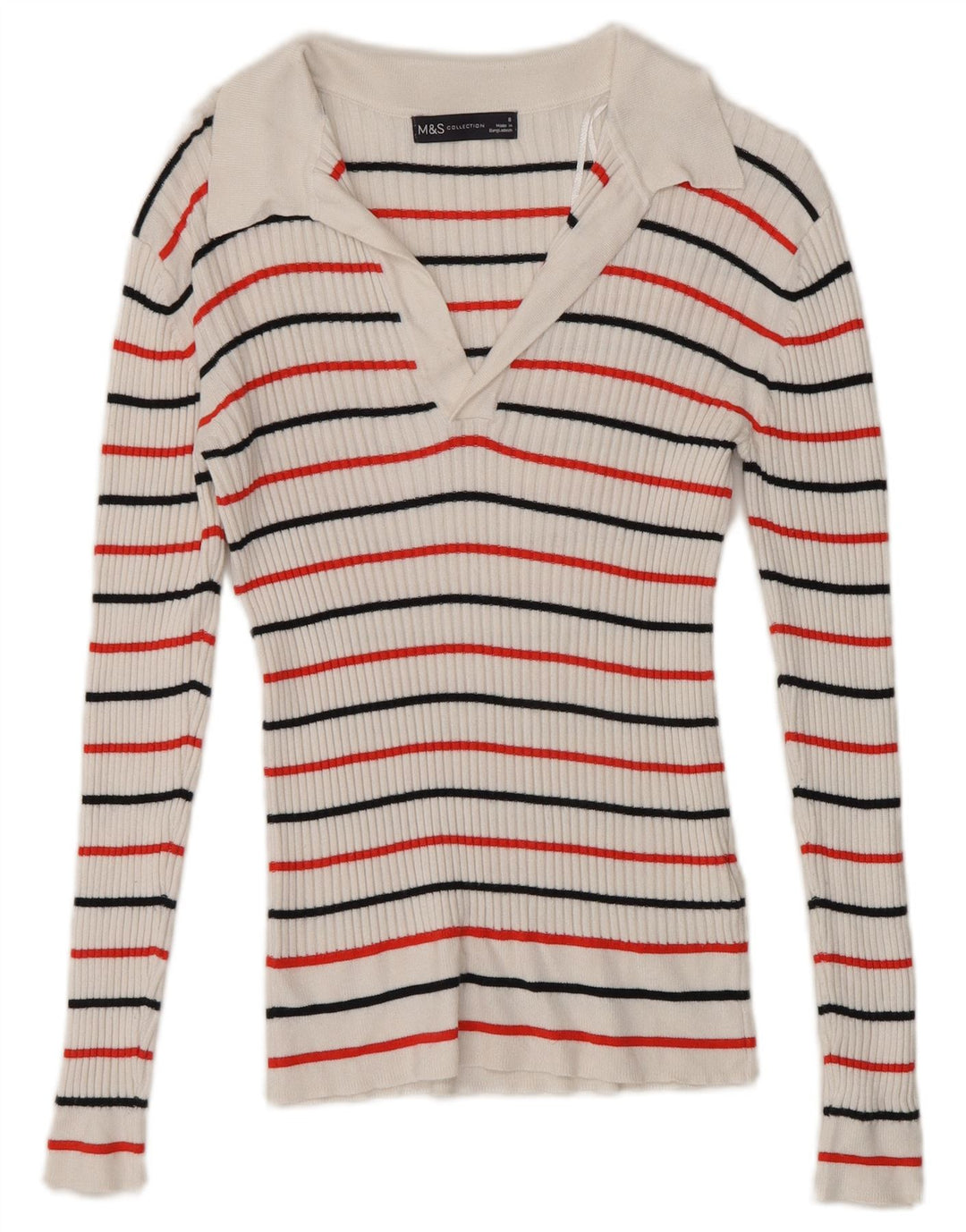 Marks & Spencer Womens Long Sleeve Polo Shirt UK 8 Small White Striped