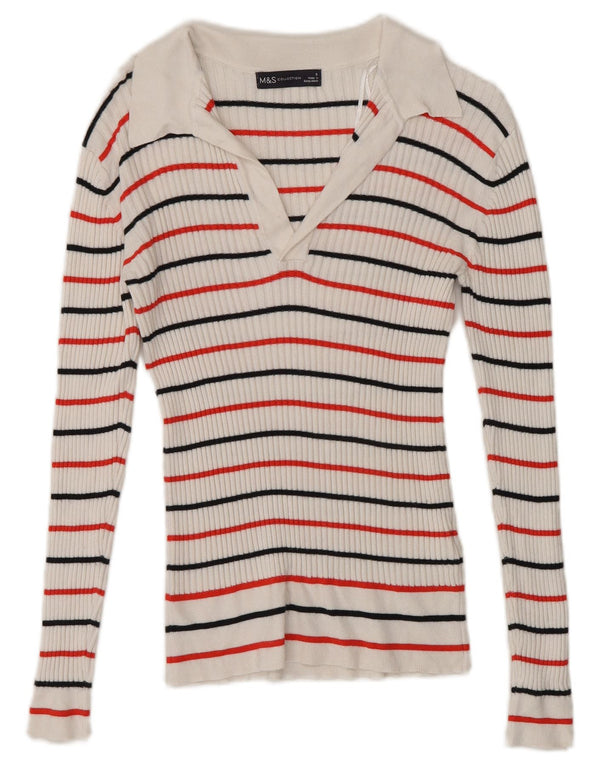 Marks & Spencer Womens Long Sleeve Polo Shirt UK 8 Small White Striped