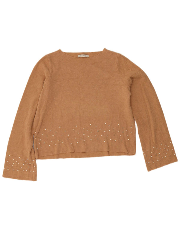 Zara Womens Trafaluc Oversized Crop Blouse Top UK 10 Small Beige Spotted