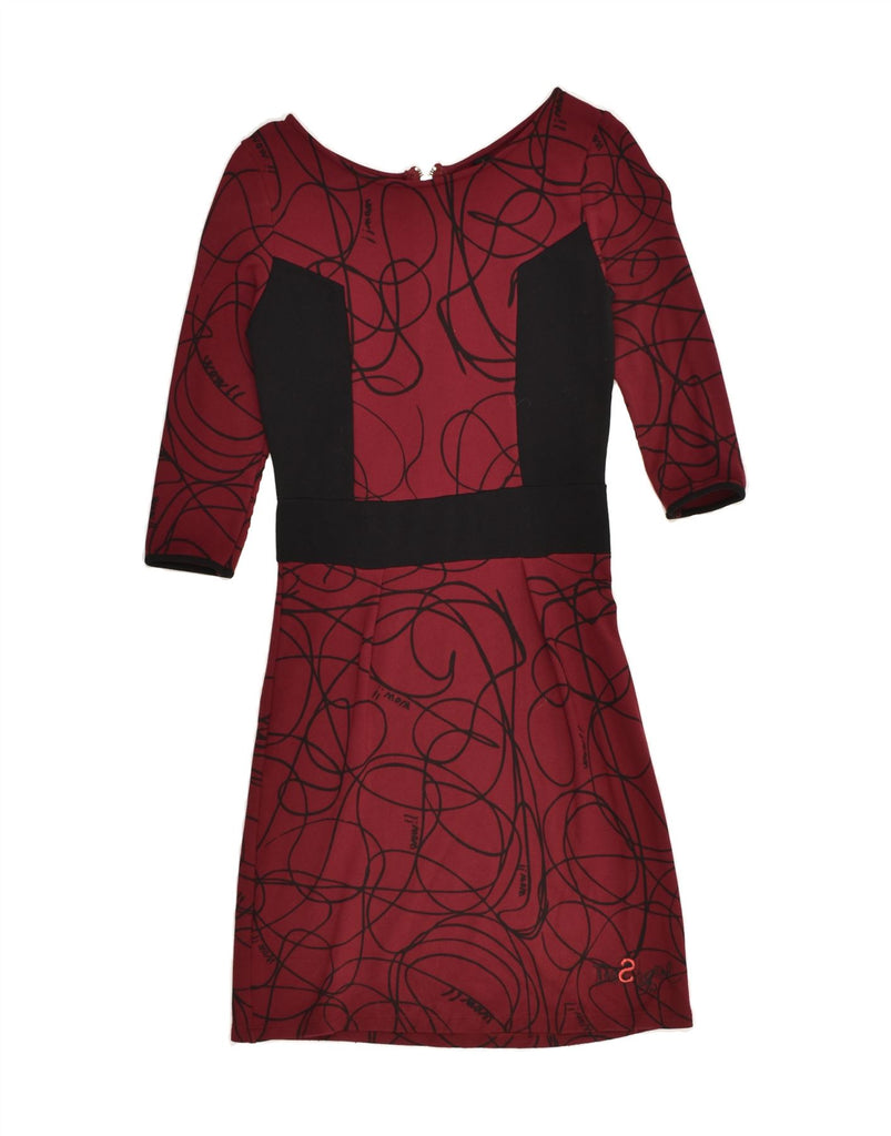 DESIGUAL Womens 3/4 Sleeve Crazy Pattern Basic Dress UK 4 XS Burgundy | Vintage Desigual | Thrift | Second-Hand Desigual | Used Clothing | Messina Hembry 