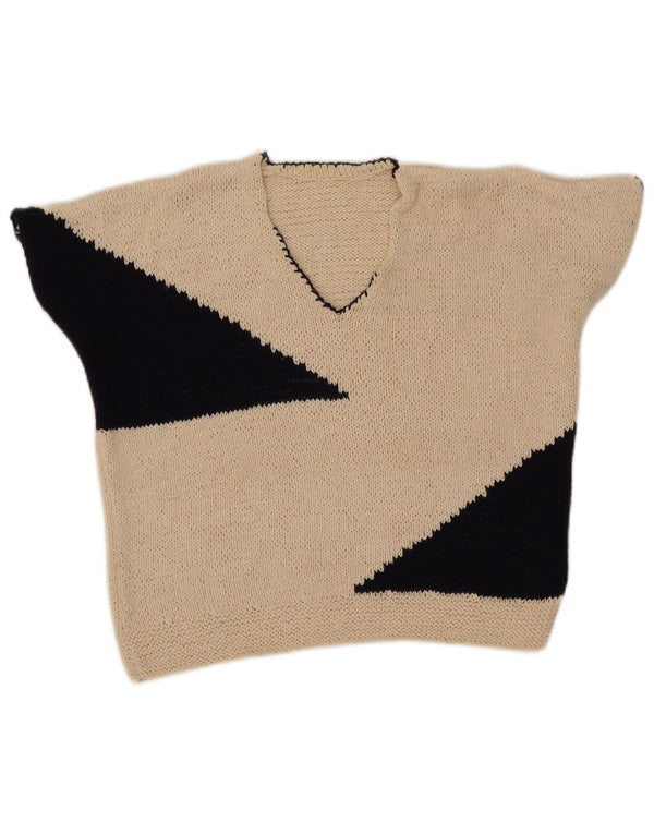 Vintage Womens Crop V-Neck Jumper Sweater UK 12 Medium Beige Colourblock
