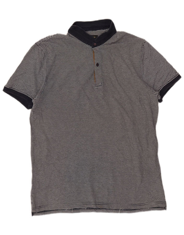 Massimo Dutti Mens Polo Shirt Large Navy Blue Pinstripe Cotton