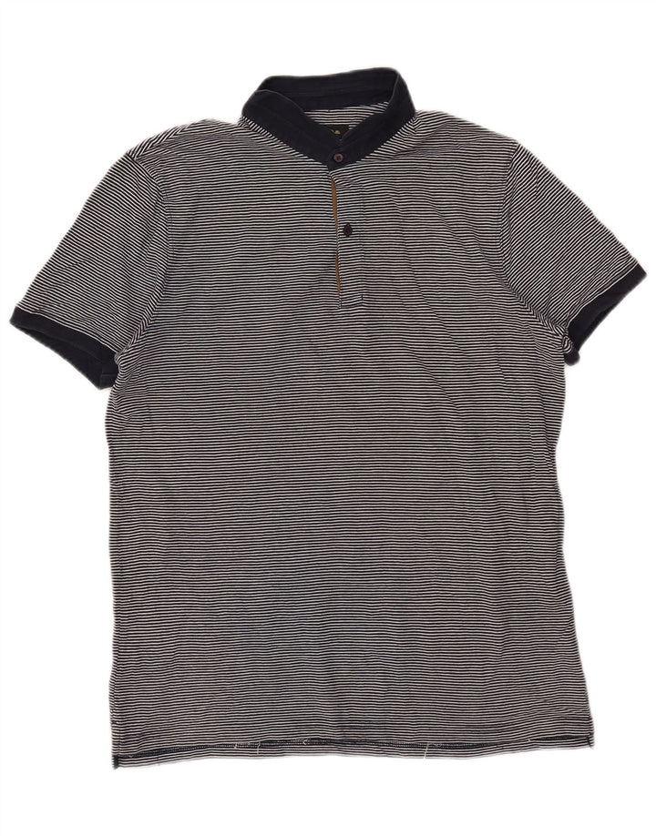 Massimo Dutti Mens Polo Shirt Large Navy Blue Pinstripe Cotton