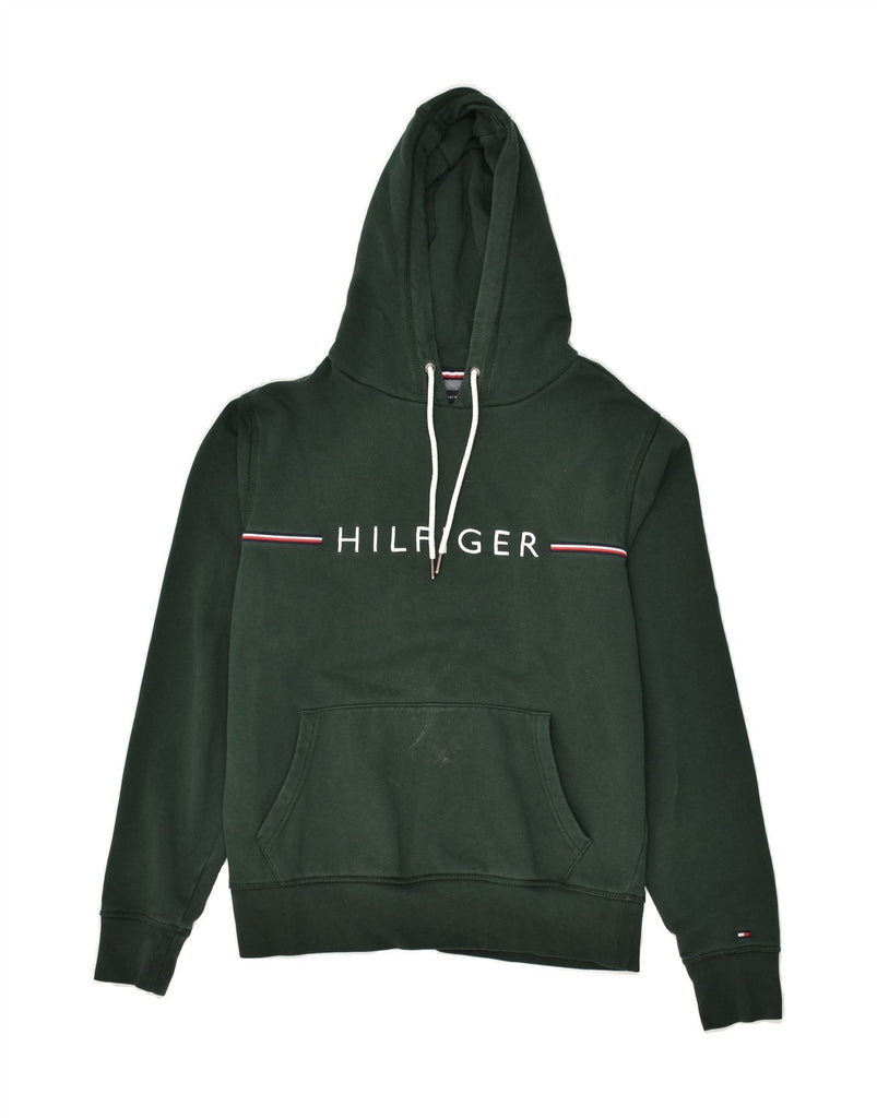 TOMMY HILFIGER Mens Graphic Hoodie Jumper Small Green Cotton | Vintage Tommy Hilfiger | Thrift | Second-Hand Tommy Hilfiger | Used Clothing | Messina Hembry 