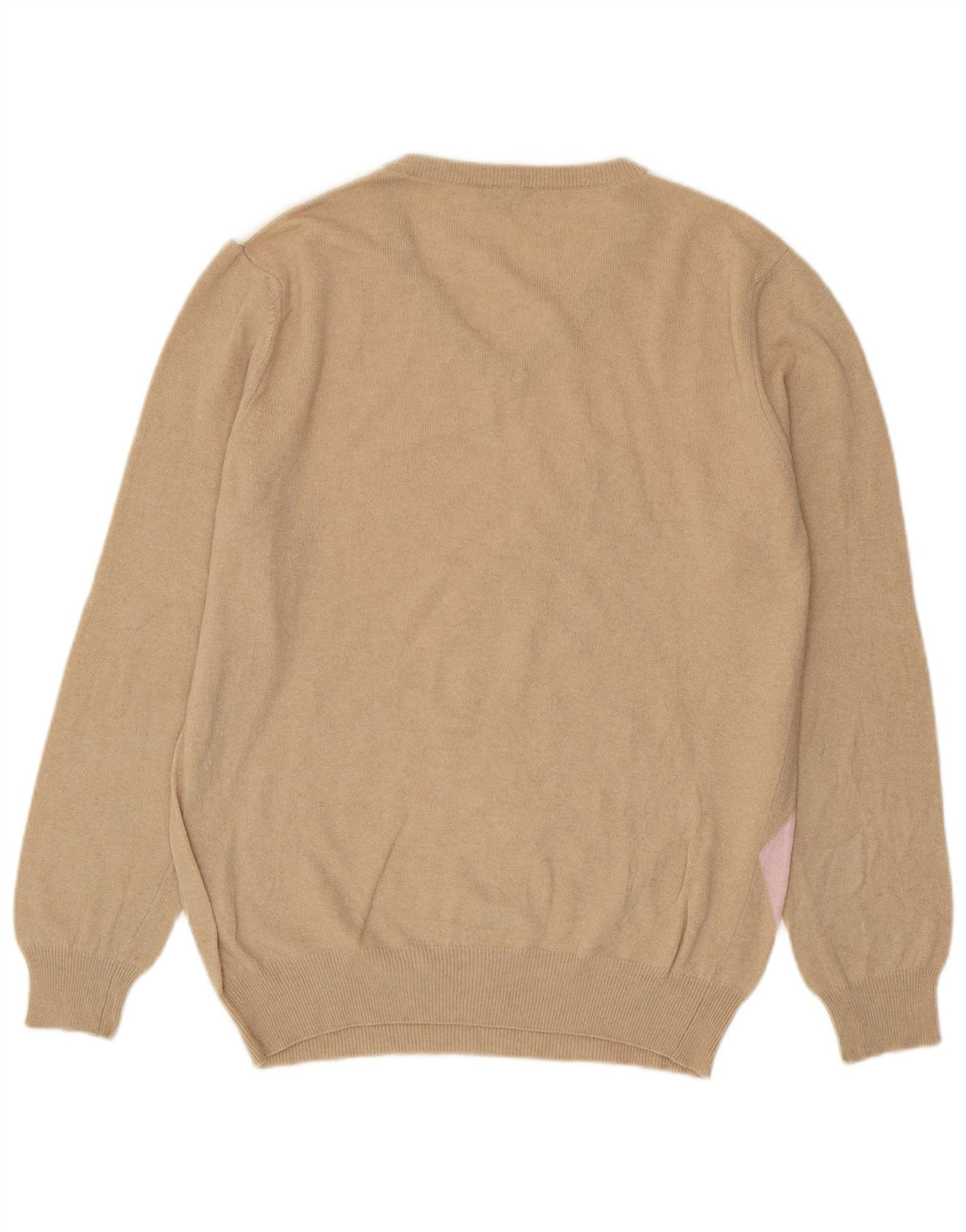 Castello Mens V-Neck Jumper Sweater Large Beige Argyle/Diamond Virgin Wool