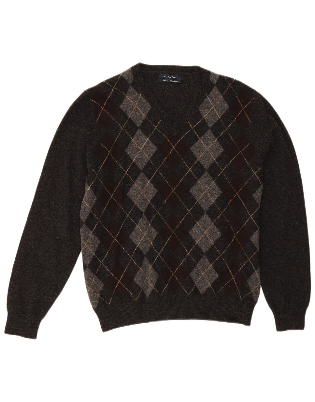 Massimo Dutti Mens V-Neck Jumper Sweater Medium Grey Argyle/Diamond Wool