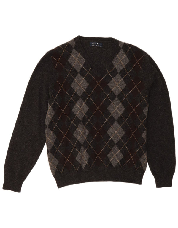 Massimo Dutti Mens V-Neck Jumper Sweater Medium Grey Argyle/Diamond Wool