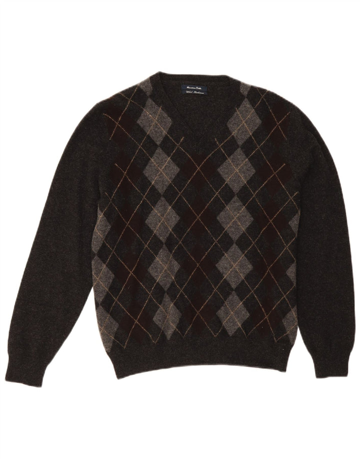 Massimo Dutti Mens V-Neck Jumper Sweater Medium Grey Argyle/Diamond Wool