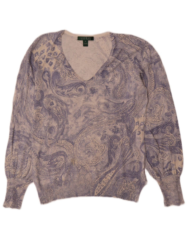 Ralph Lauren Womens V-Neck Jumper Sweater UK 12 Medium Blue Paisley Silk