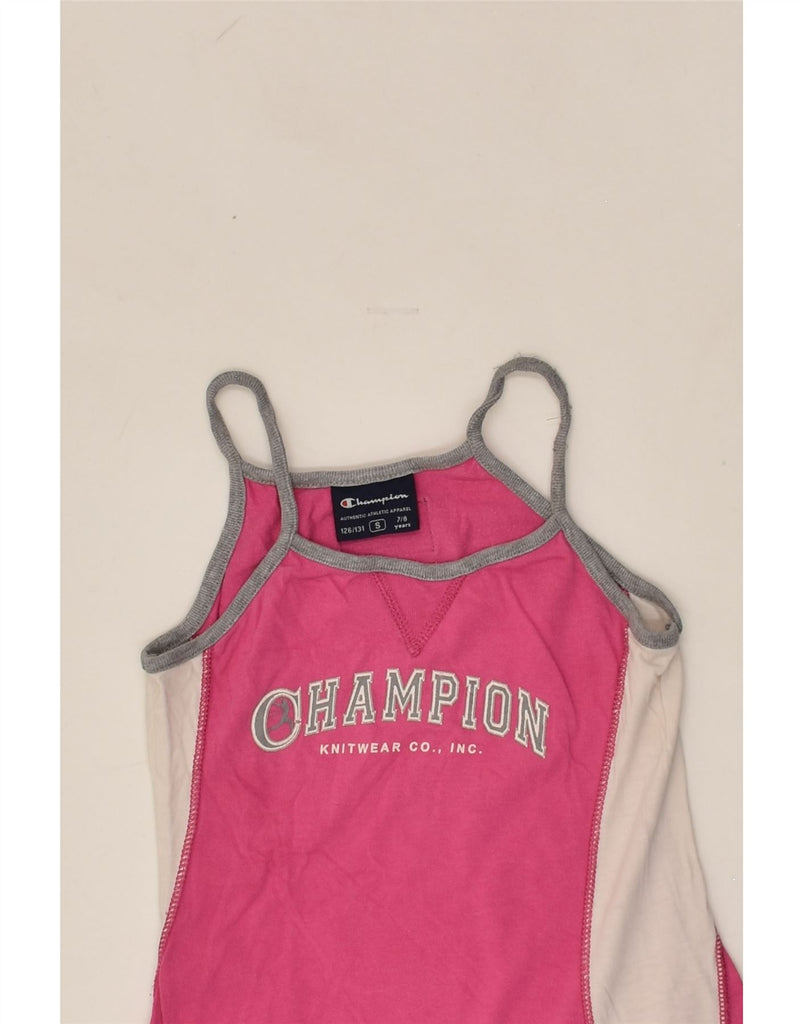 CHAMPION Girls Graphic Sundress 7-8 Years Small  Pink Colourblock Cotton | Vintage Champion | Thrift | Second-Hand Champion | Used Clothing | Messina Hembry 