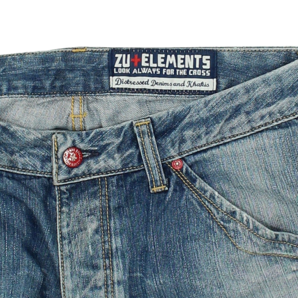 Zu Elements Mens Blue Low Rise Distressed Jeans | Vintage Designer Denim VTG | Vintage Messina Hembry | Thrift | Second-Hand Messina Hembry | Used Clothing | Messina Hembry 